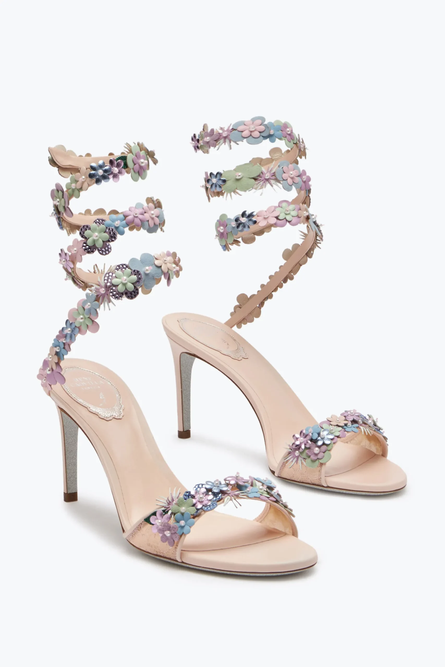 Sandale Roxanne rose poudré avec fleurs multicolores 80